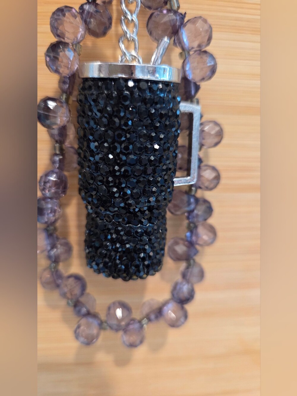 Luxury Black Bling Mini Tumbler Keychain with Smoke Beaded Wristlet Strap 💎✨